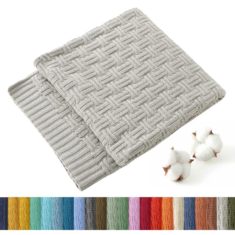 TREELY 100% Cotton Knitted Throw Blanket Couch Cover Blanket(50 x 60 Inches, Light Grey) - Image 1